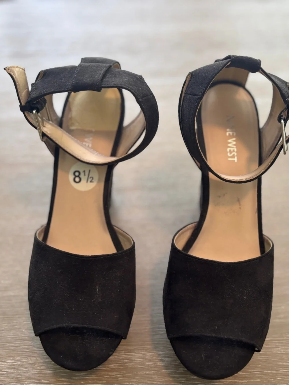 Nine West Black Suede Peep-Toe Wedge Sandals with Ankle Buckle